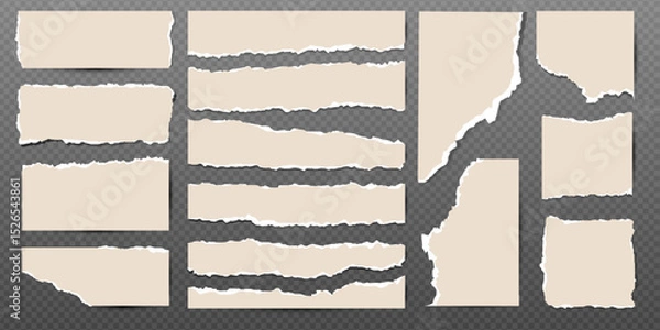 Fototapeta Set of old torn notebook paper pieces. Ripped paper strips. Realistic notepad sheets, scraps of notebook page, with torn edges. Vector design template.
