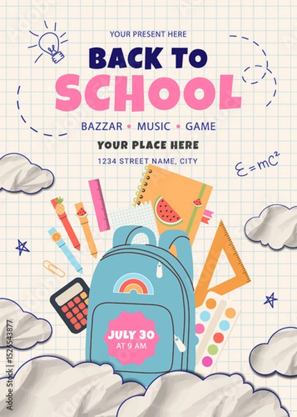 Fototapeta Back to School banner with typography and school supplies elements. Vector design template for poster, card, sale, party invitation, flyer.