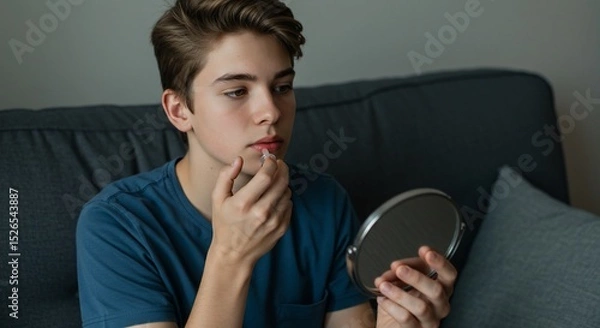 Fototapeta Teenager applying lip balm with a handheld mirror on a couch