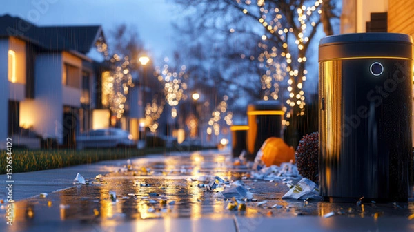 Fototapeta Rainy residential street at night with illuminated and decorated trees under wet pavement reflecting lights during seasonal festivity. Robotics and automation