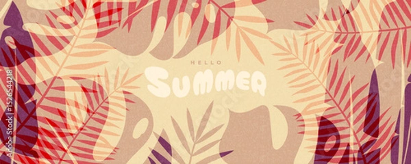 Fototapeta Summer horizontal abstract background with tropical leaves. Modern art design template for celebration, ads, branding, banner, cover, label, poster, sale. Vector creative concept