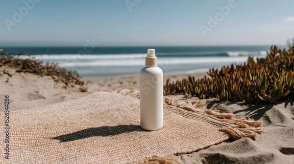 Obraz Serene beach scene featuring a blank lotion bottle on a woven mat with ocean waves and succulents in the background, evoking a calming summer vibe with natural textures and soft sunlight