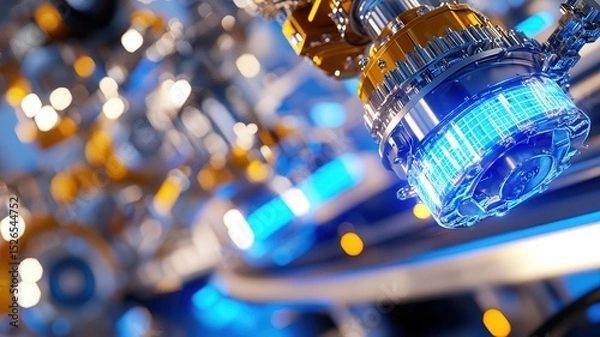 Fototapeta Futuristic blue and orange industrial machinery with neon lights showcasing advanced robotics and cutting-edge technology design. Robotics and automation