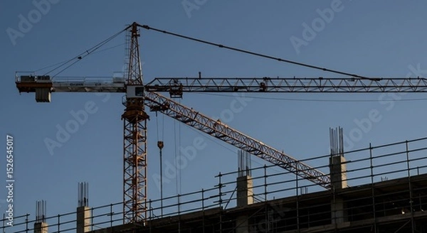 Fototapeta Tower crane against a clear blue sky at a construction site with scaffolding