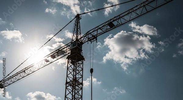 Fototapeta Tower crane silhouette against a bright sky with scattered clouds