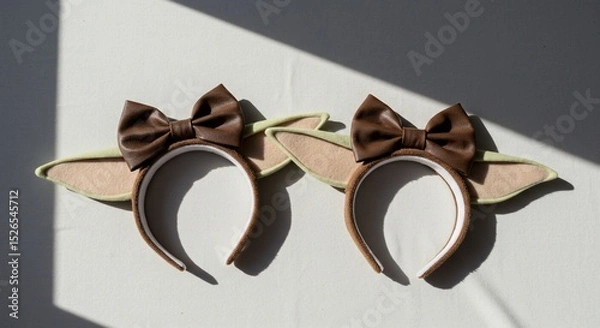 Fototapeta Two whimsical deer ear headbands with brown bows cast shadows on white surface