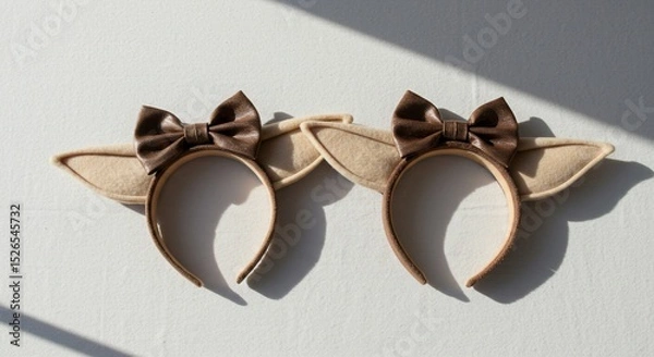 Fototapeta Two Brown Bow and Ear Headbands on White Surface with Shadow Play
