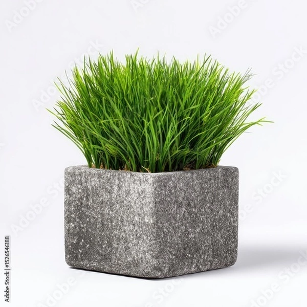 Fototapeta Small, artificial grass plant in a textured gray square pot.  Fresh, vibrant green grass tufts sit atop a gray, stone-like planter