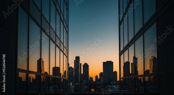 Fototapeta Urban sunset reflected in glass buildings, creating a symmetrical cityscape view