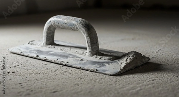 Fototapeta Used plastering trowel covered in dried cement on a concrete surface, construction tool