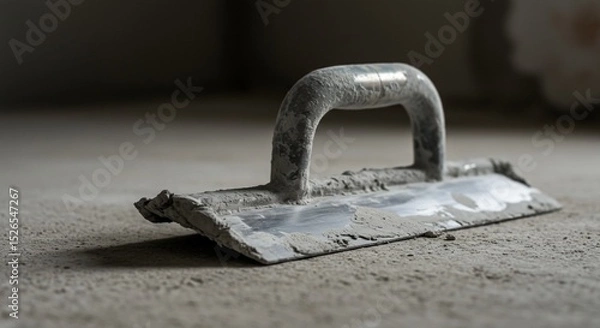 Fototapeta Used plastering trowel covered in dried cement on a concrete floor