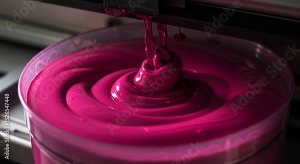 Fototapeta Vibrant magenta paint cascading into a swirling pool within a clear container