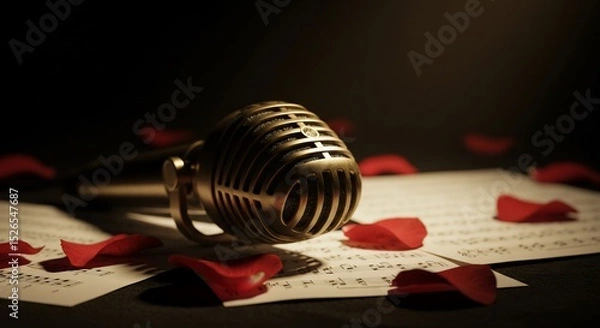Fototapeta Vintage Microphone on Sheet Music with Scattered Red Rose Petals in Dramatic Lighting