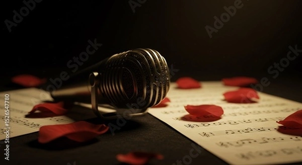 Fototapeta Vintage microphone resting on sheet music scattered with delicate red rose petals