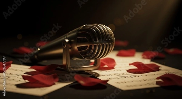 Fototapeta Vintage Microphone on Sheet Music with Scattered Red Rose Petals in Soft Lighting