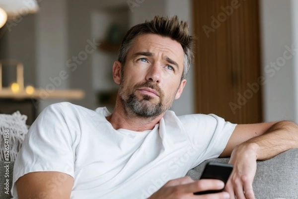 Obraz Pensive man sitting on sofa with smartphone, thinking or waiting, casual home interior