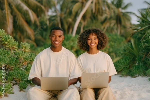 Obraz Couple working remotely on laptops at tropical beach, dressed in white tees and beige pants