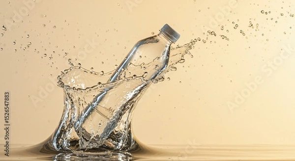 Fototapeta Water bottle plunges into liquid, creating a dynamic splash against a soft beige backdrop