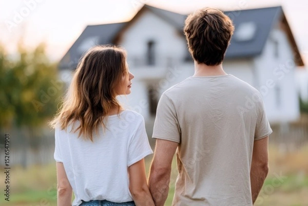 Obraz Couple standing hand in hand, looking at house in soft natural light