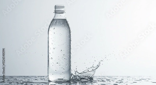 Fototapeta Water bottle with condensation and a splash on a reflective surface