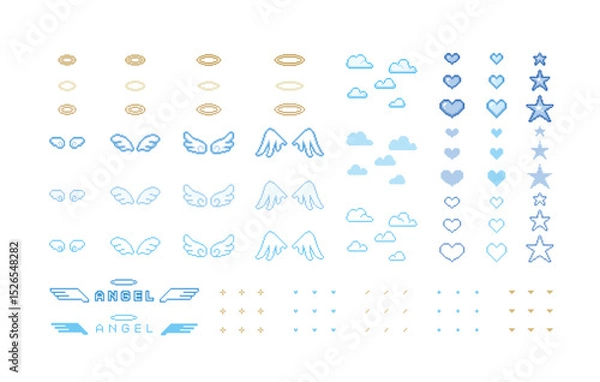 Obraz ドット絵　かわいい天使の羽の装飾イラストセット　翼　雲　光の輪　ピクセル