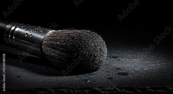 Fototapeta Wet Makeup Brush on Slate Surface in Dark Studio Lighting