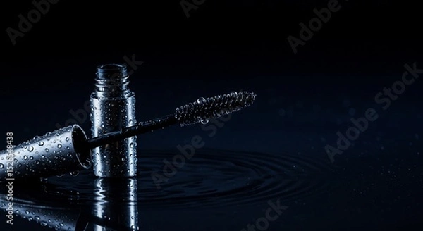 Fototapeta Wet Mascara Wand and Bottle Reflecting in Dark Water with Ripples