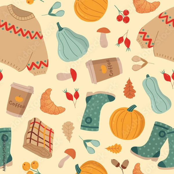 Obraz Cute autumn hand drawn pattern with sweater, coffee cups, rubber boots, croissansts, leaves, acorns, plaid, berries, maple seeds, pumpkins and mushrooms on beige background