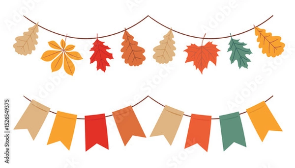 Obraz Autumn colorful vector garland with colorful leaves and small flags in fall colors