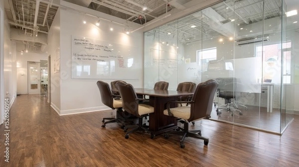 Obraz Modern glasswalled meeting room with walnut table and digital whiteboard in bright office environment