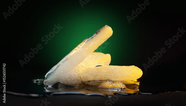 Obraz Ice melting. Pieces of melting ice on a dark background. Colored green-yellow backlight. Selective focus