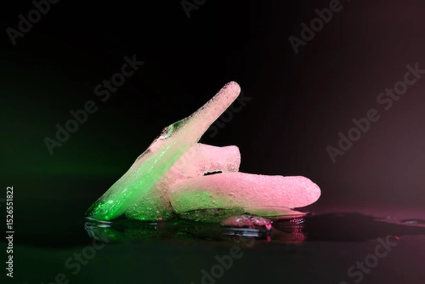 Obraz Ice melting. Pieces of melting ice on a dark background. Colored green purple backlight. Selective focus