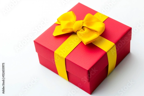 Obraz Red Gift Box with Yellow Bow and Ribbons on a white background