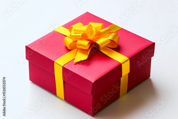 Obraz Red Gift Box with Yellow Bow and Ribbons on a white background