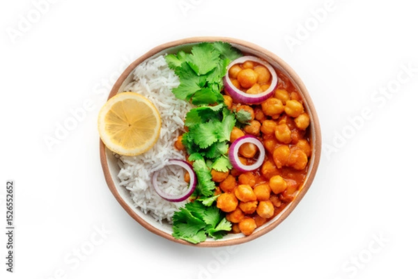 Fototapeta Chana masala, chickpea curry, traditional Indian dish, overhead flat lay shot, isolated on a white background