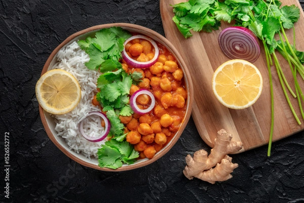 Fototapeta Chana masala, chickpea curry, traditional Indian dish, overhead flat lay shot with fresh ingredients on a black background