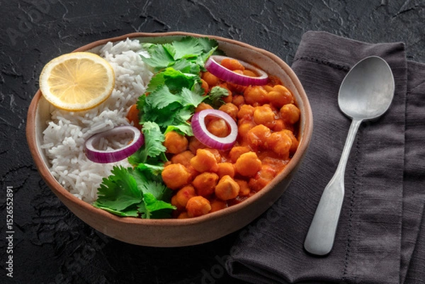 Fototapeta Chana masala, chickpea curry, traditional Indian dish, with fresh cilantro leaves, lemon, and onion, on black