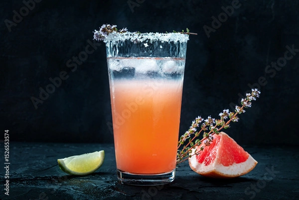 Fototapeta Salty Dog cocktail with fresh grapefruit juice, lime juice, and thyme, side view with fresh fruit on a black background