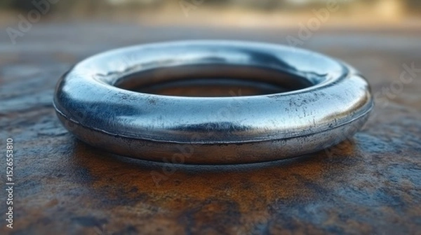 Fototapeta Metal ring on rusty surface, blurred background