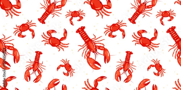 Fototapeta Seamless pattern of red lobsters and crabs on a white background. Ideal for seafood-related designs, restaurant branding, kitchen decor, or marine-themed artistic projects