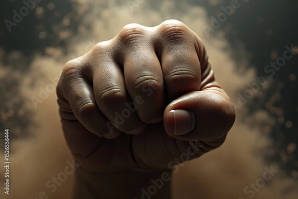 Fototapeta Close-Up of a Clenched Fist Surrounded by Dust and Power