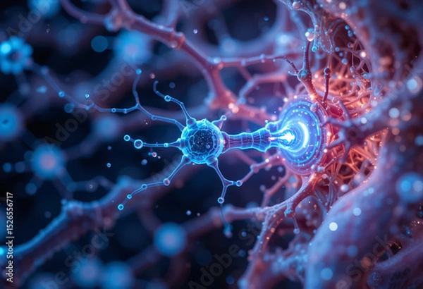 Fototapeta Close-Up of Neurons and Synapses in a Futuristic Neural Network