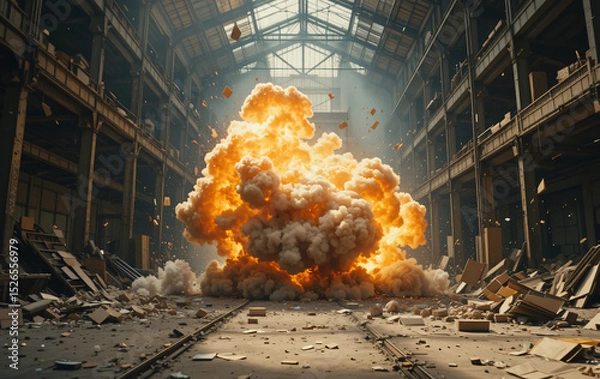 Fototapeta Massive fiery explosion in abandoned industrial warehouse with debris flying