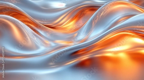 Fototapeta Metallic liquid waves flowing, orange glow background, abstract design element