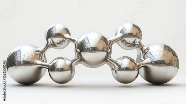 Fototapeta Metallic molecular structure sculpture on white background with reflections