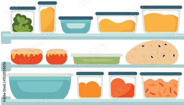 Fototapeta Colorful mismatched food containers in fridge, organizing meals