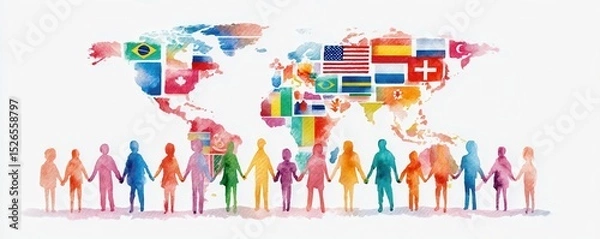 Obraz Globe International's Teamwork and Collaboration Concept. Multicultural silhouettes holding hands in front of a world map decorated with various national flags, symbolizing global unity and diversity.