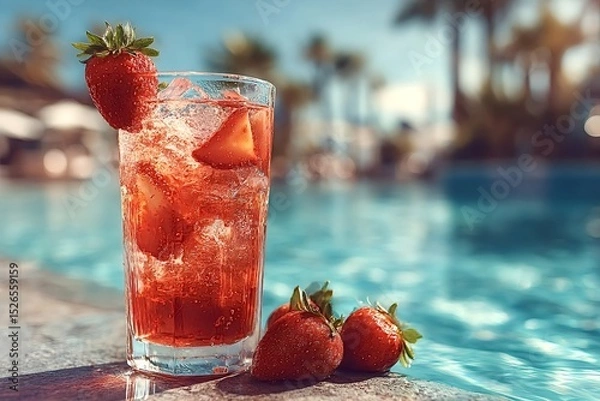 Obraz Ice cubes and strawberry slices are refreshing a red cocktail standing by a pool with fresh strawberries on the poolside on a sunny summer day