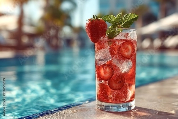 Obraz Glass of refreshing strawberry cocktail with ice and mint leaves sits on the edge of a swimming pool on a sunny summer day, offering a perfect way to cool off and enjoy the vacation