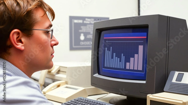 Fototapeta Retro Technology and Data Analysis: A Young Man Working with Vintage Computer and Chart on Screen